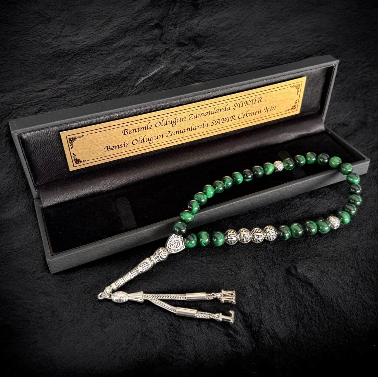 Tesbih OLD Black Box Tigerauge Grün