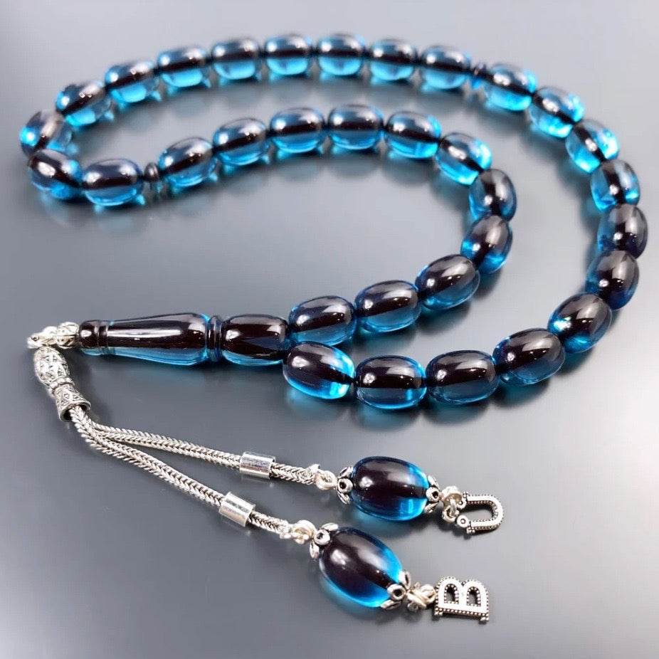 2 Harfli SIKMA Kehribar Tesbih 925 Gümüs Sky Blue Kapsül