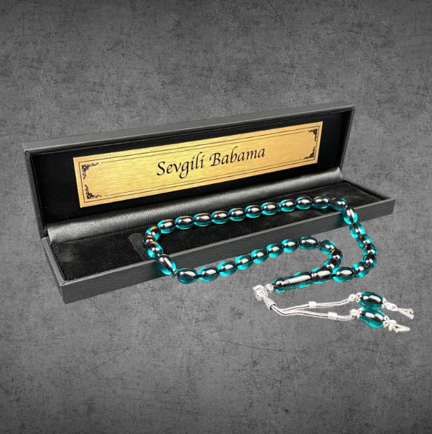 Turkis Tesbih 2 Harf SIKMA KEHRIBAR Kapsül Kesim Kutulu - 925 Gümüs Püskül