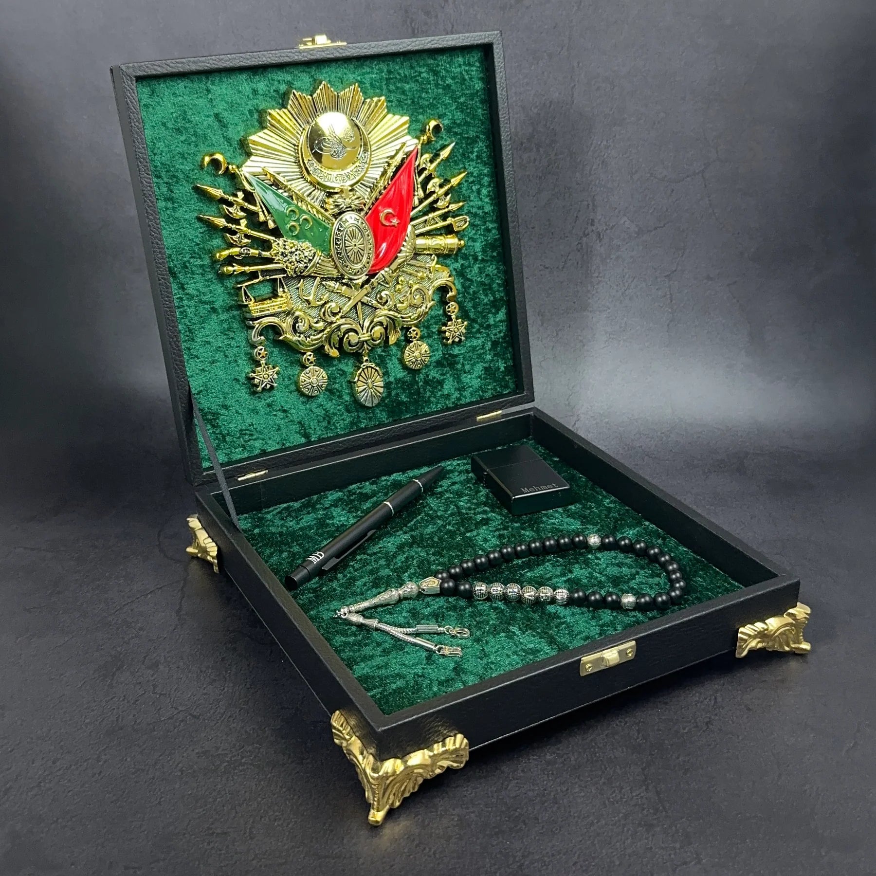 Tesbih Luxus 4eckig Black Green Box Set XXL Osmanli mit Rahmen