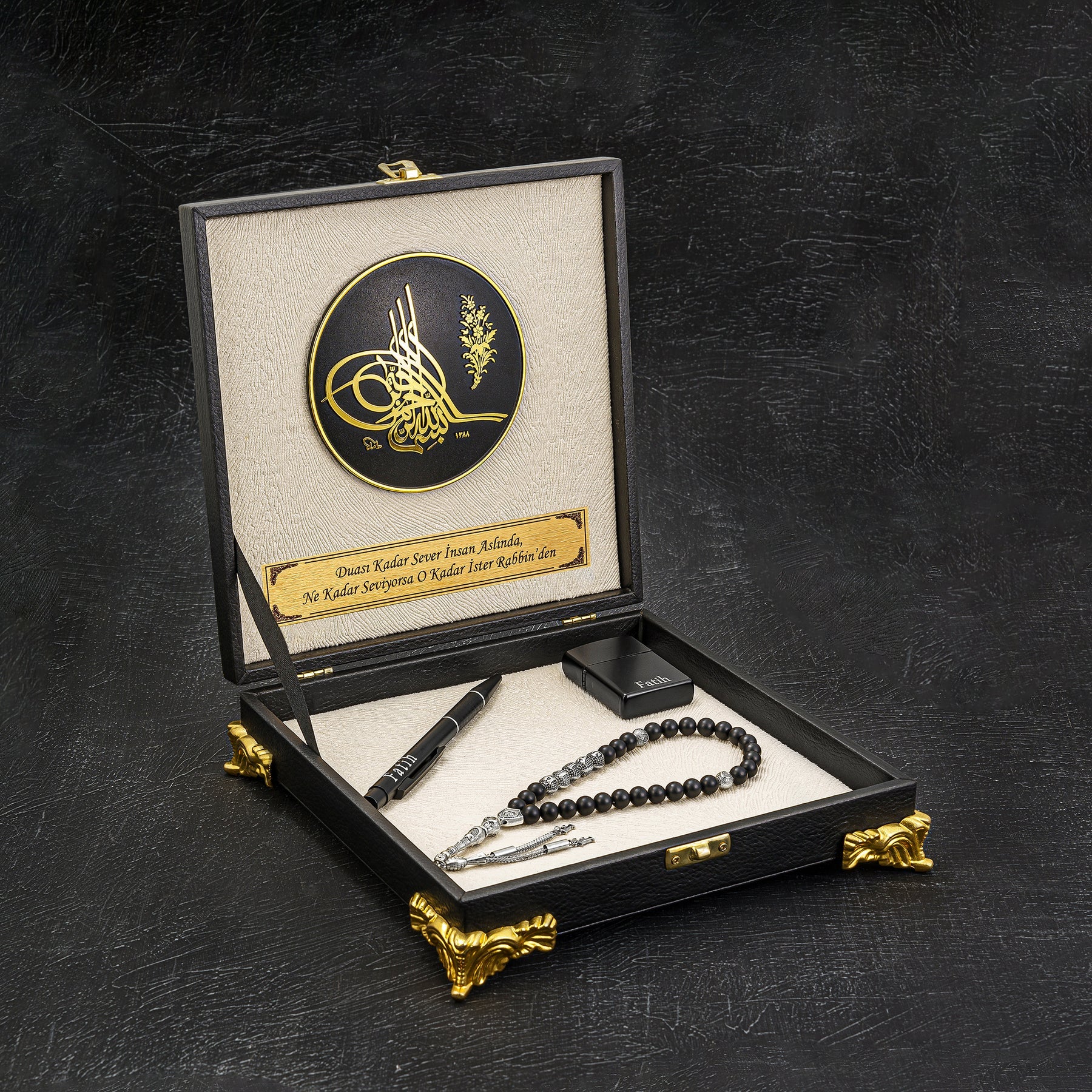 Tesbih Luxus 4eckig Black Creme Box Set Tugra Logo mit Rahmen