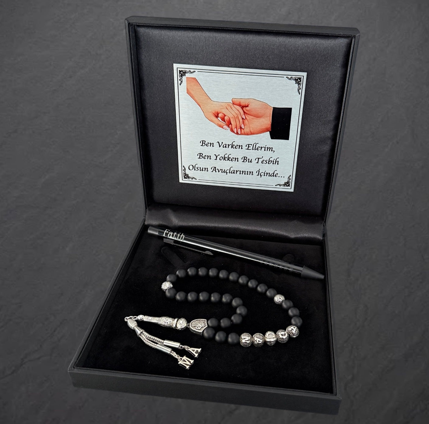 Tesbih mit Namen & Kugelschreiber 4 eckig Black Box mit Wunschtext Love Hand