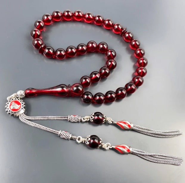 Kehribar Tesbih Kahve Rengi Tugra Logo 925 Gümüs