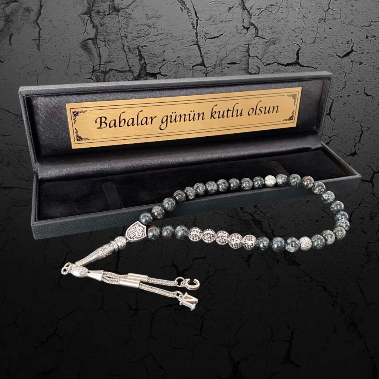 Tesbih mit Namen personalisiert inkl. Geschenkbox mit Wunschtext Blau / Schwarze Marmor Jade