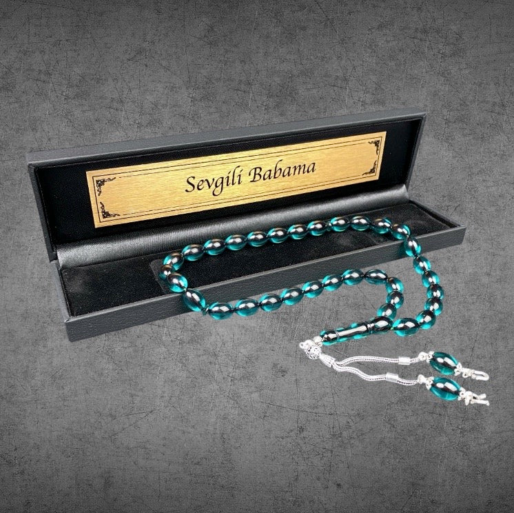Turkis Tesbih SIKMA KEHRIBAR Beyzi Kesim Kutulu - Gümüs 925 Püskül 2 Harf
