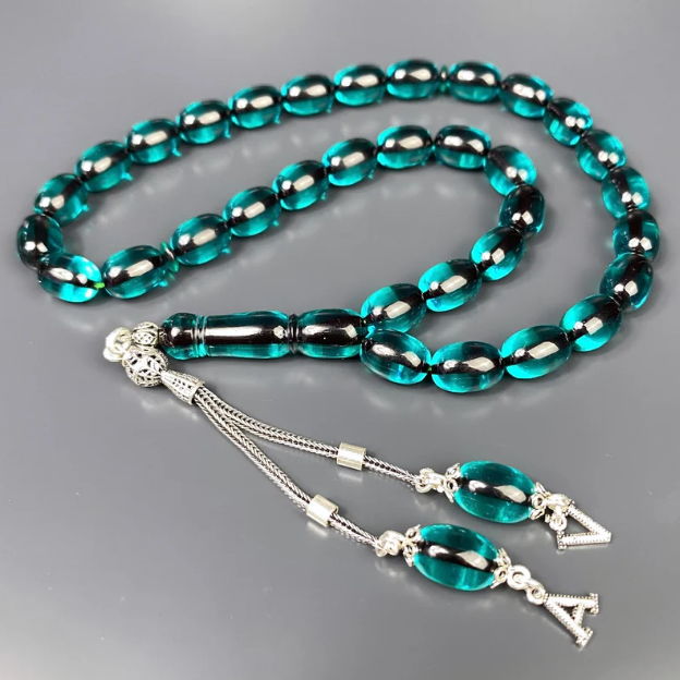 Turkis Tesbih 2 Harf SIKMA KEHRIBAR Kapsül Kesim Kutulu - 925 Gümüs Püskül