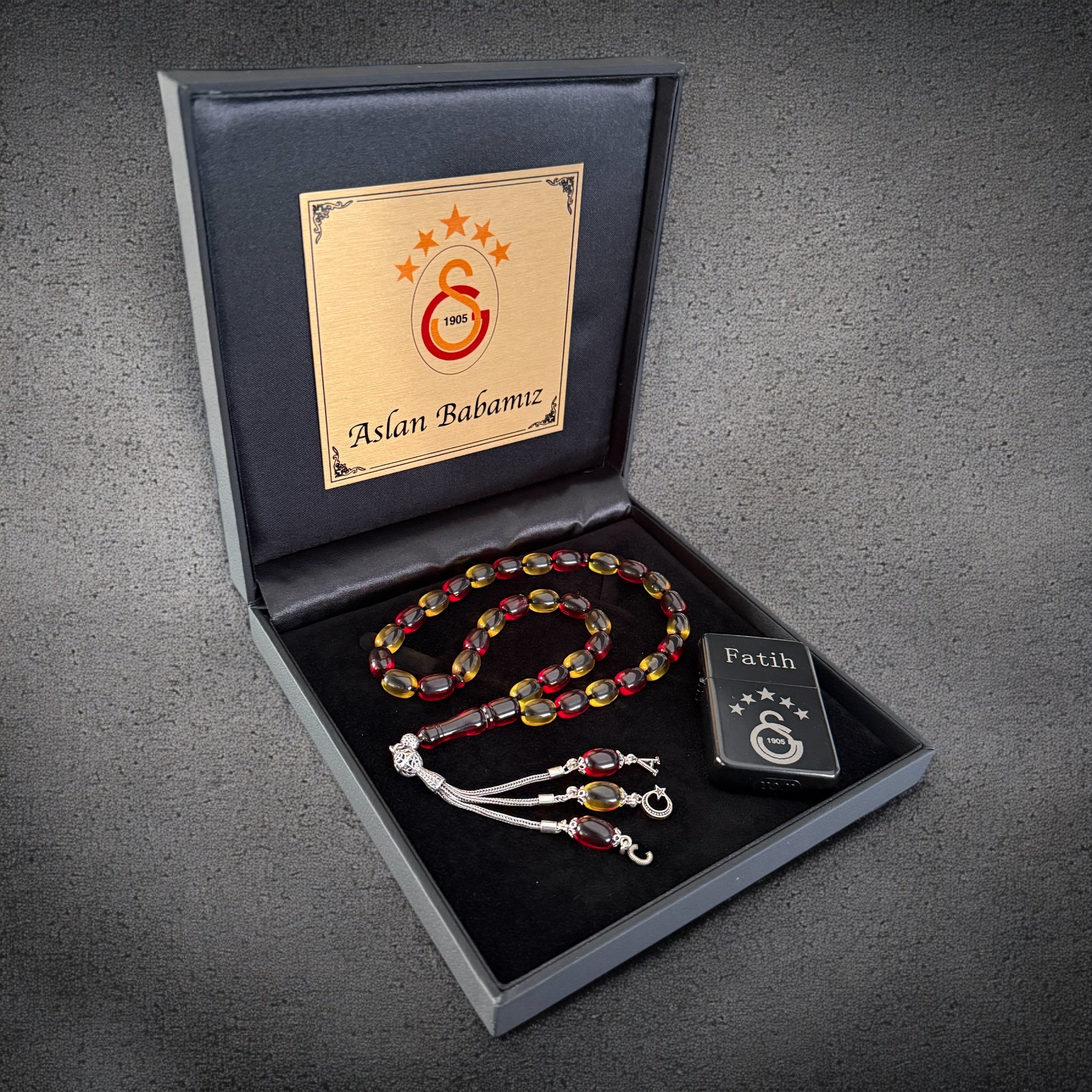 GS SIKMA KEHRIBAR 925 Silber Black Box 4eckig Tesbih Taraftar Set