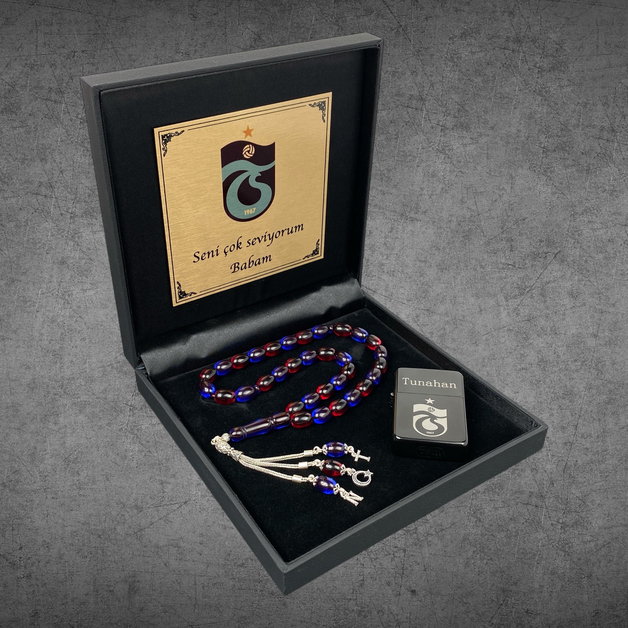 TS SIKMA KEHRIBAR 925 Silber Black Box 4eckig Tesbih Taraftar Set